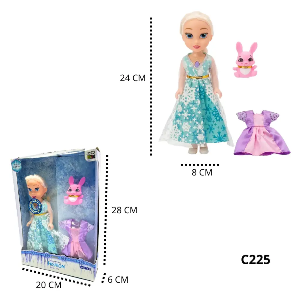 C225 MUÑECA PRINCESA HIELO VESTIDO MASCOTA CONEJO